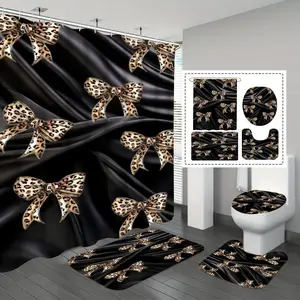 Leopard Print Bow Shower Curtain Set, Bathroom Shower Curtain Sets, Luxury Bathroom Curtain, Non-Slip Bath Mat, Waterproof Fabric, Wall Mounted Decor, Bathroom Decoration Accessories