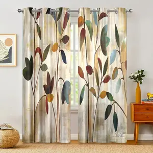 Vintage Watercolor Plant Print Curtain, 2 Counts/set Semi-transparent Door Curtain, Home Decoration Curtain, Home Decor for Bedroom, Living Room, Kitchen, Study, Bathroom