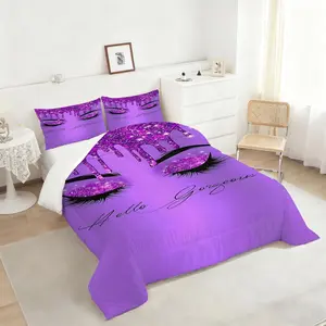 Purple Glitter Glam Comforter Set, Sparkly Bedding Set with Elegant 'Hello Gorgeous' Design, Soft and Cozy Queen Size Bedspread, Perfect for Stylish Bedroom Decor and Gifting, Includes 1 quilt, with 1 or 2 Pillowcase No Pillow Core