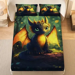 3Pcs Cute Fantasy Dragon Fitted Sheet Three Piece Set (1*Fitted Sheet+2*Pillowcases, Coreless), Halloween theme,  Bedroom Decor Bedding Set, Mattress protector Soft, Breathable