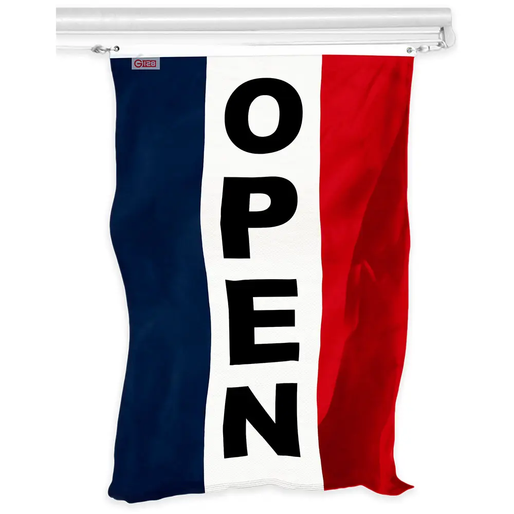 G128 Open Vertical sign Flag | 3x5 feet | Printed 150D, Indoor/Outdoor, Vibrant Colors, Brass Grommets, Quality Polyester, Much Thicker More Durable Than 100D 75D Polyester