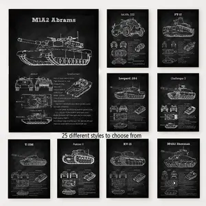 1PC Unframed Tanks Blueprint Black Poster German Heavy Tank US Army World War Canvas Painting Artistic Wall Art for Living Room Modern Home Decor Home Decoration Mural (25 Styles Available)