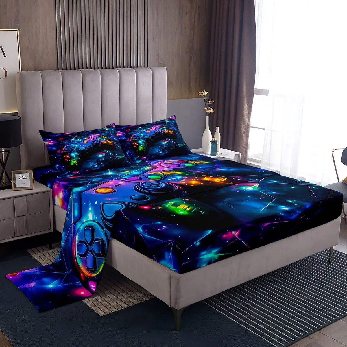 Feelyou Queen Bedding Set - Soft Breathable Sheets, Galaxy Theme, Gamepad-Printed Linens for Teens' Bedroom Decor, Soft Breathable Sheet