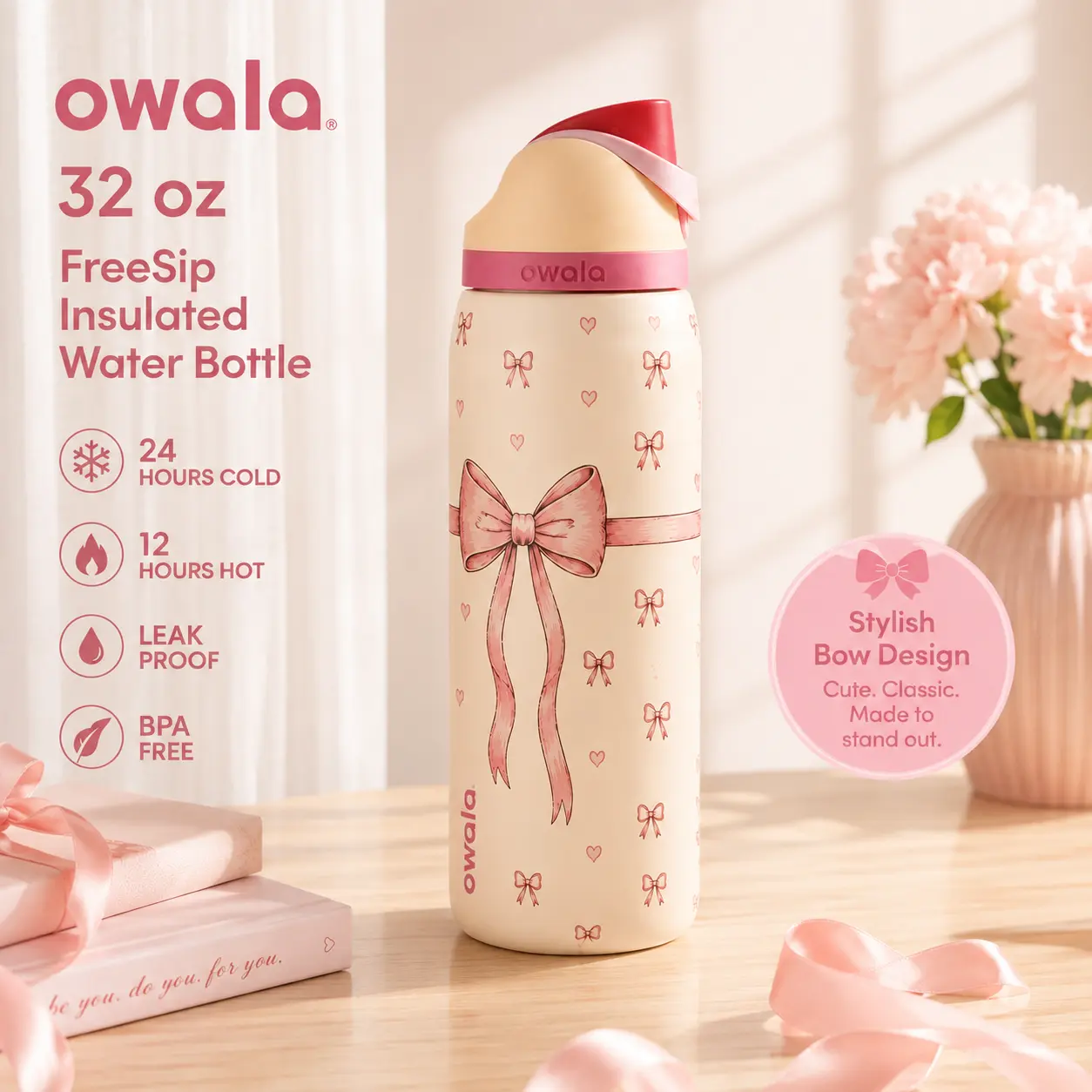 Owala FreeSip 32oz Bow Water Bottle for Women, Insulated Stainless Steel Bottle, Cute Pink Ribbon & Heart Design, Leakproof Everyday Gift