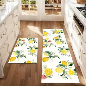2Pcs Lemon watercolor painting Floor mat set including farmhouse kitchen Rug dining room flooring laundry room decorative carpet mat Kitchen Runner Rug Washable Kitchen Rugs