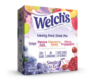 Welch's Singles To Go Variety Pack, Watertok Powdered Drink Mix, Includes 4 Flavors, Grape, Passion fruit, Strawberry Peach, Cherry Pomegranate, 1 Box (30 Servings)