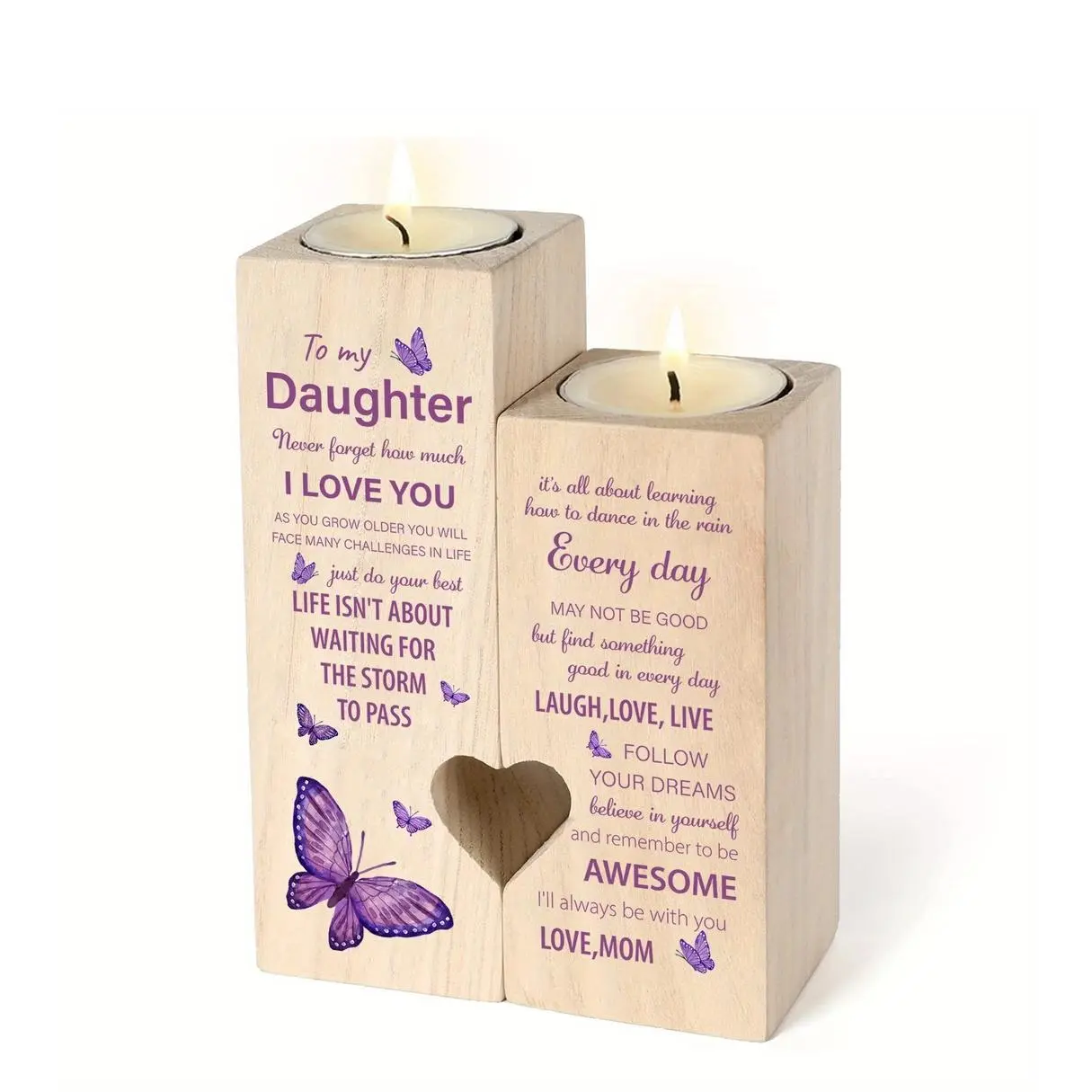 EastJia Wooden Heart Tea Light Candle Holder Set - Decorative Purple Butterfly Design with Inspirational Quotes, Mother-to-Daughter Birthday Gift, Home Supplies (Candles Not Included)