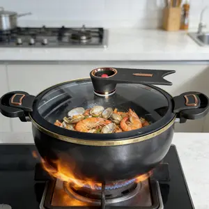 Large-capacity non-stick micro-pressure cooker with double anti-scald handles and a visible glass lid, suitable for various cooking methods such as stewing, braising, and boiling, Cookware