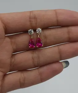 14Kt Gold Created Ruby & Lab Grown Diamond Teardrop Dangle Stud Earrings