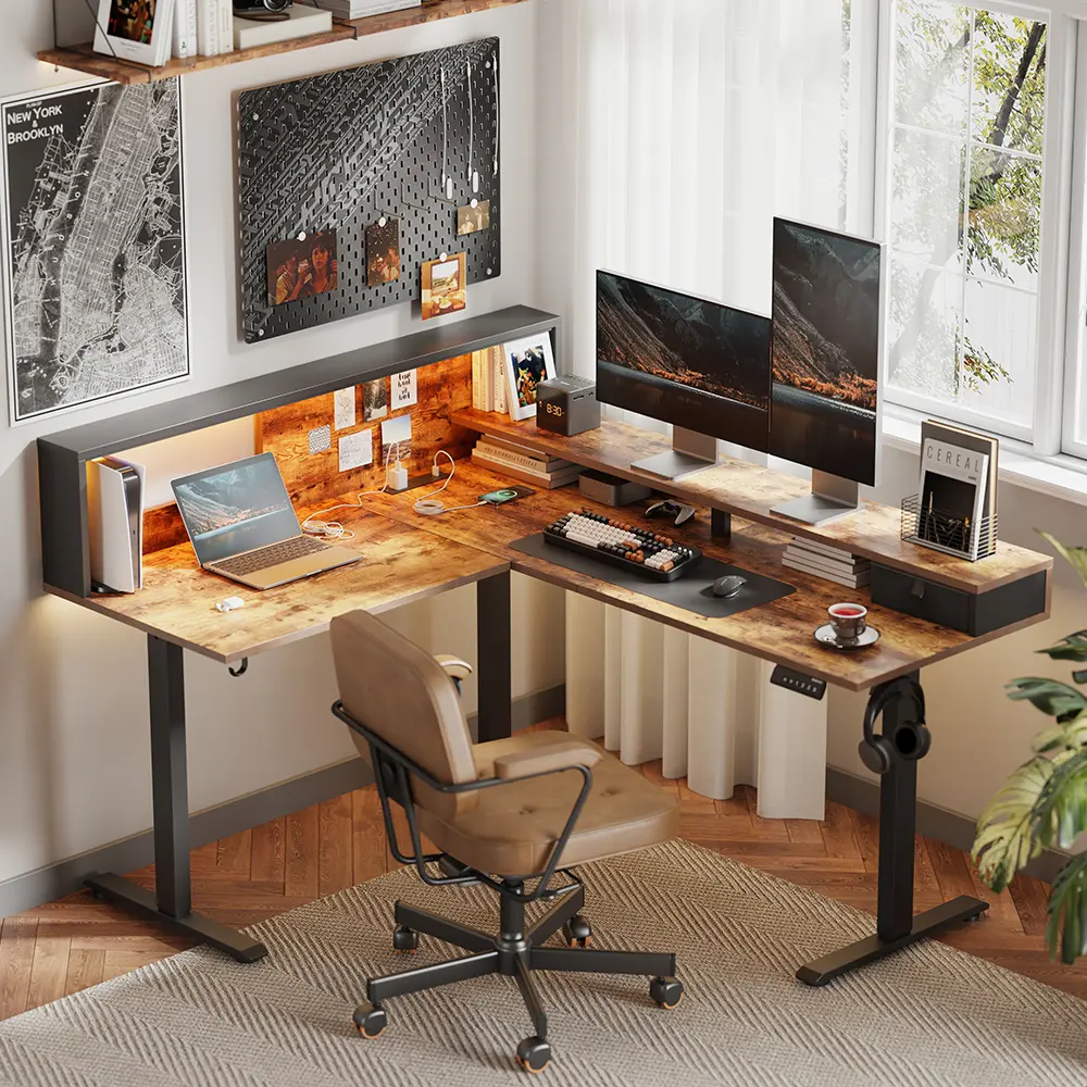 Agilestic L Shaped Standing Desk with Drawers & Monitor Shelf, Electric Height Adjustable Corner Desk, Ergonomic Home Office Computer Desk with Hooks & Cable Management,Gaming Desks Gifts for Men and Women,Black/Rustic Brown/White/Light Rustic Brown