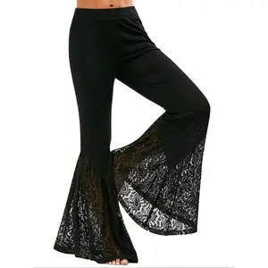 Women's contrasting lace elastic waist flared leg pants, elegant flared pants, suitable for party vacations, all season women's underwear, wide leg pantsRAIMENTRY