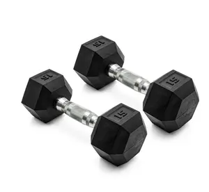Barbell, 15lb Coated Rubber Hex Dumbbell, Pair