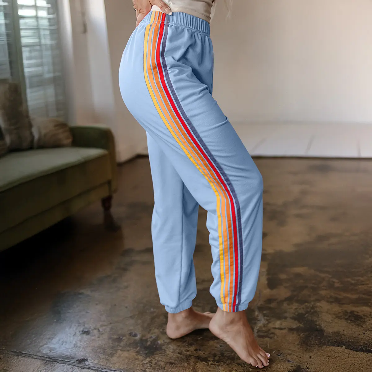 MULLVEIG Women's 75% Polyester Rainbow Stripe High-Waist Sweatpants - Elastic Waistband Joggers for Casual, Athletic Wear, Sporty Chic, Flexible & Durable, 75%Polyester+20%Cotton+5%Elastane, Fashion