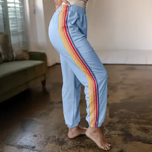 MULLVEIG Women's Rainbow Stripe High Waist Sweatpants - Comfortable Elastic Waistband Joggers for Casual Athletic Wear