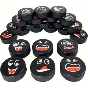 24 Pcs Foam Ice Hockey Pucks with Emotions Faces & Mesh Bag - Mini Indoor 3" Funny Hockey Pucks for Practice, Training, Birthday Party Favors & Fun Gift Decoration