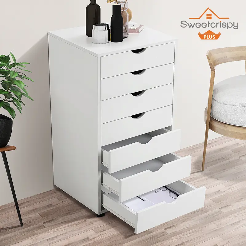 Sweetcrispy 7-Drawer Wooden Chest of Drawers - Mobile Interior Storage Cabinet Furniture with Wheels, Bedroom Dresser for Home, Office