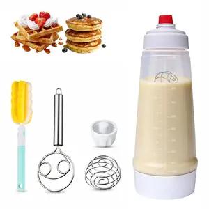 Pancake Batter Dispenser Bottle Kit with 3 Accessories- 4.5-Cup Pancakes Mixer with Shaker Ball Stainless Steel Whisk and Brush, Squeeze Bottles for Cupcake Muffin Waffle Crepe