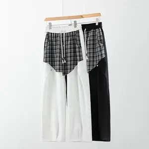Men's Plaid Patchwork Wide Leg Sweat Pants，Summer Fashion Fake Two-Piece Casual Streetwear Trousers