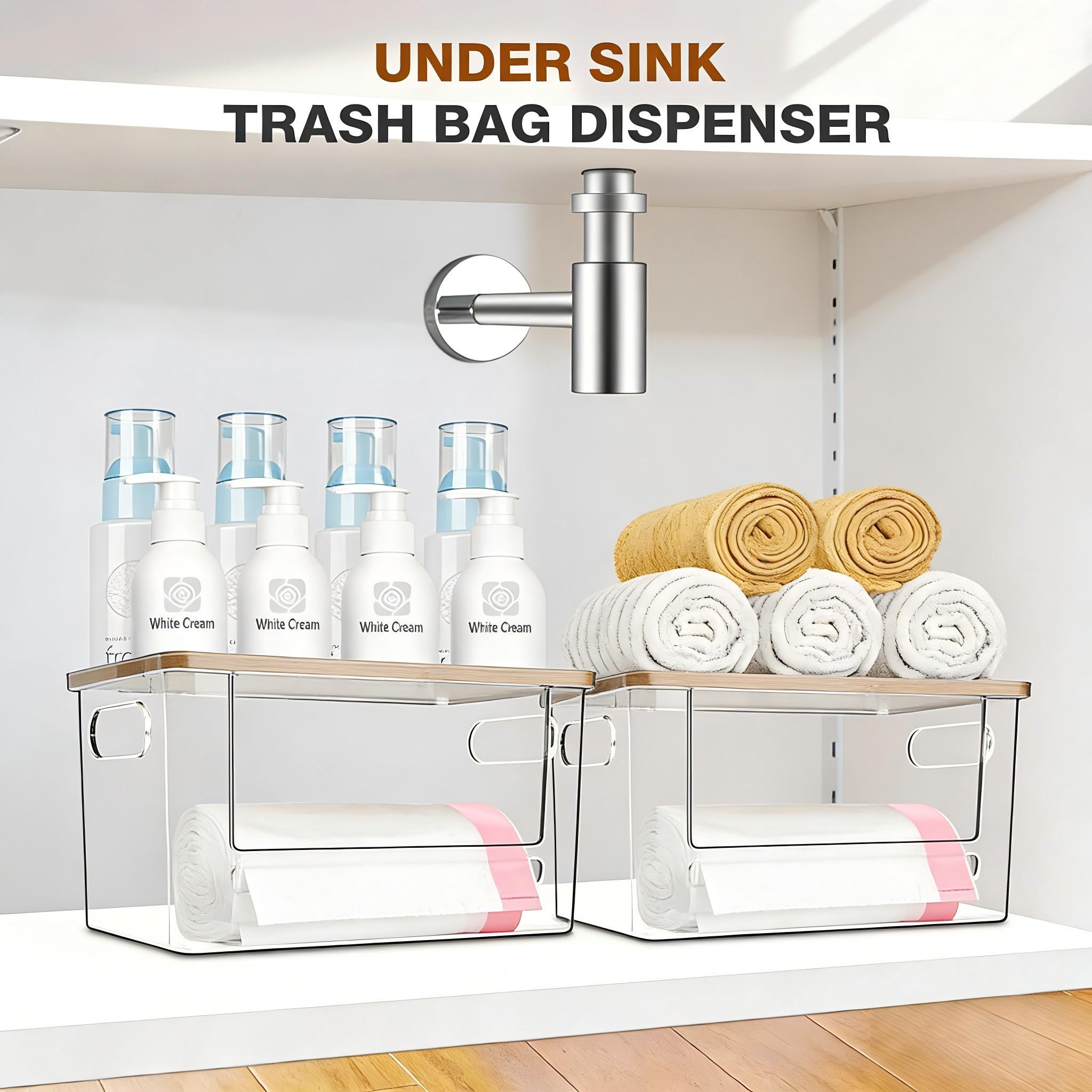 2 Pack Acrylic Trash Bag Dispenser with Bamboo Top – Extra Large Under Sink Garbage Bag Holder for Kitchen, Cabinet, Laundry Room, Pantry Organizer and Storage