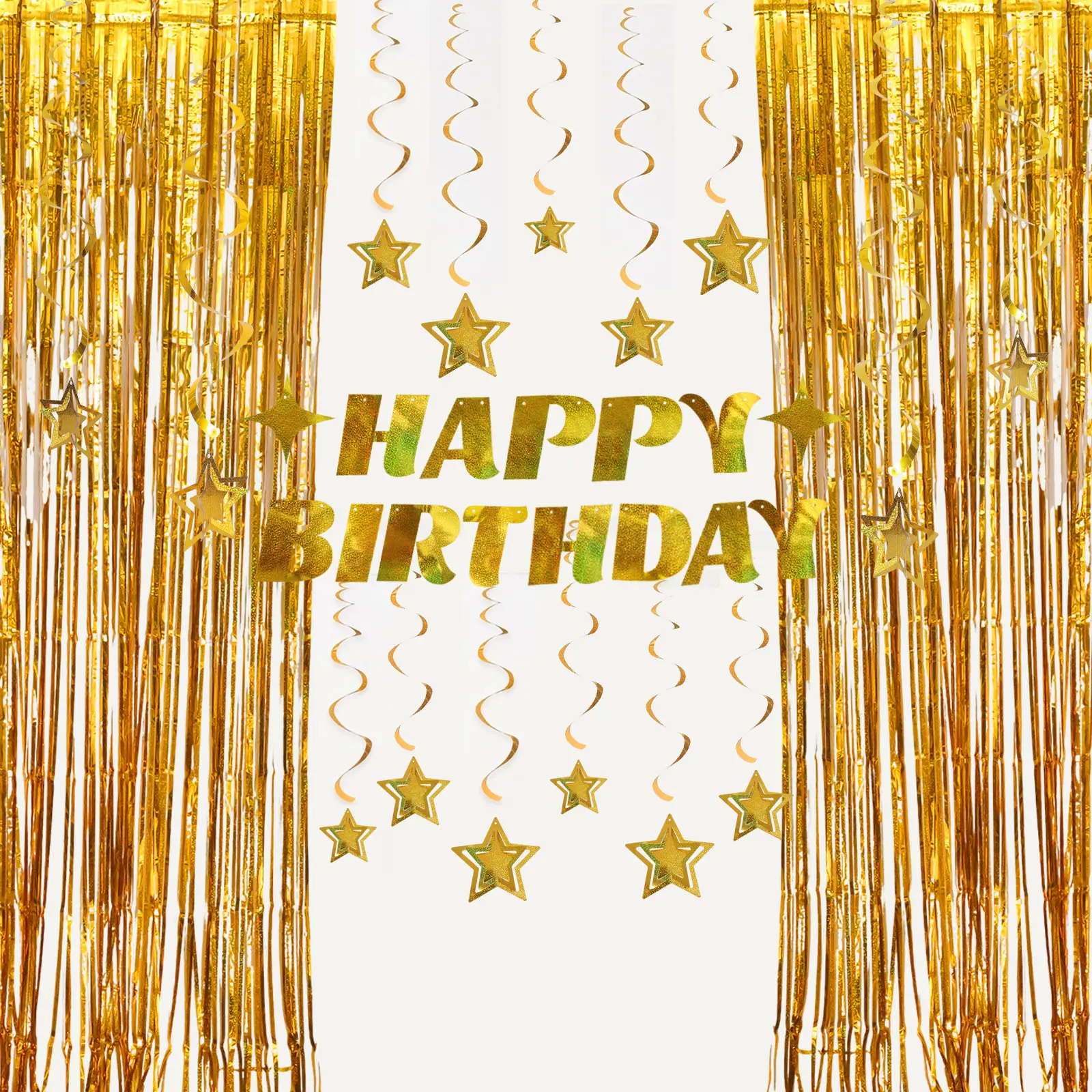 Gold Purple Happy Birthday Banner Decorations Kit with Sequined Letters, 3D Star Hanging Decorations, Swirl Streamers and Fringe Curtain Backdrop, Colorful Birthday Party Decorations for Girls Boys and Adults