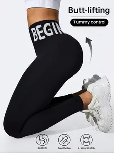 Shein Sport Studio Seamless High-Waisted Leggings, Letter Pattern Design, Sporty Style, All Seasons Wear, Women's Fitness Bottoms, Gym Sportswear Bottoms