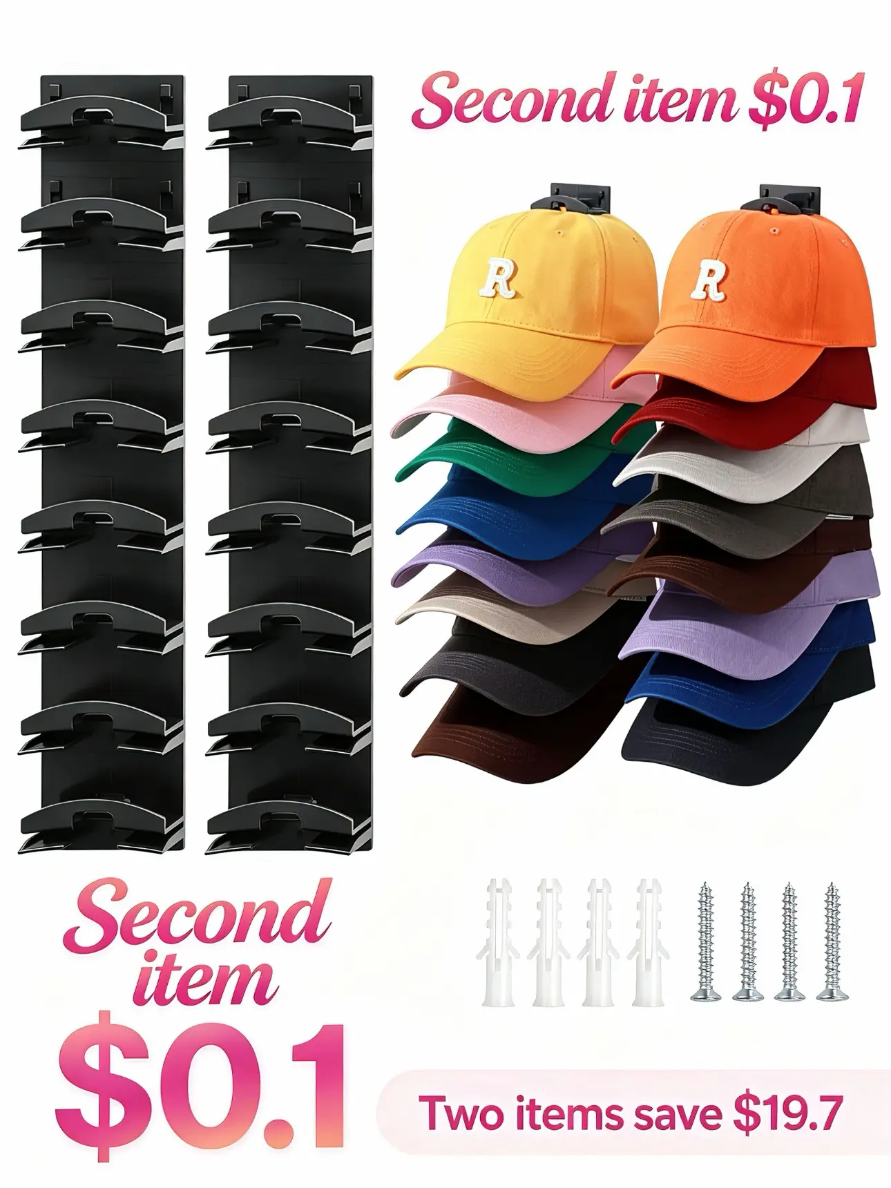 Wall Mounted Hat Organizer Rack  2 Pack Hat Organizer for Cap, Hat Rack for Wall with Strong Adhesive, Wall Mounted Hat Hooks Hold up to 16 Hats for Closet Door and Bedroom wall (12.6x2.3 inch)