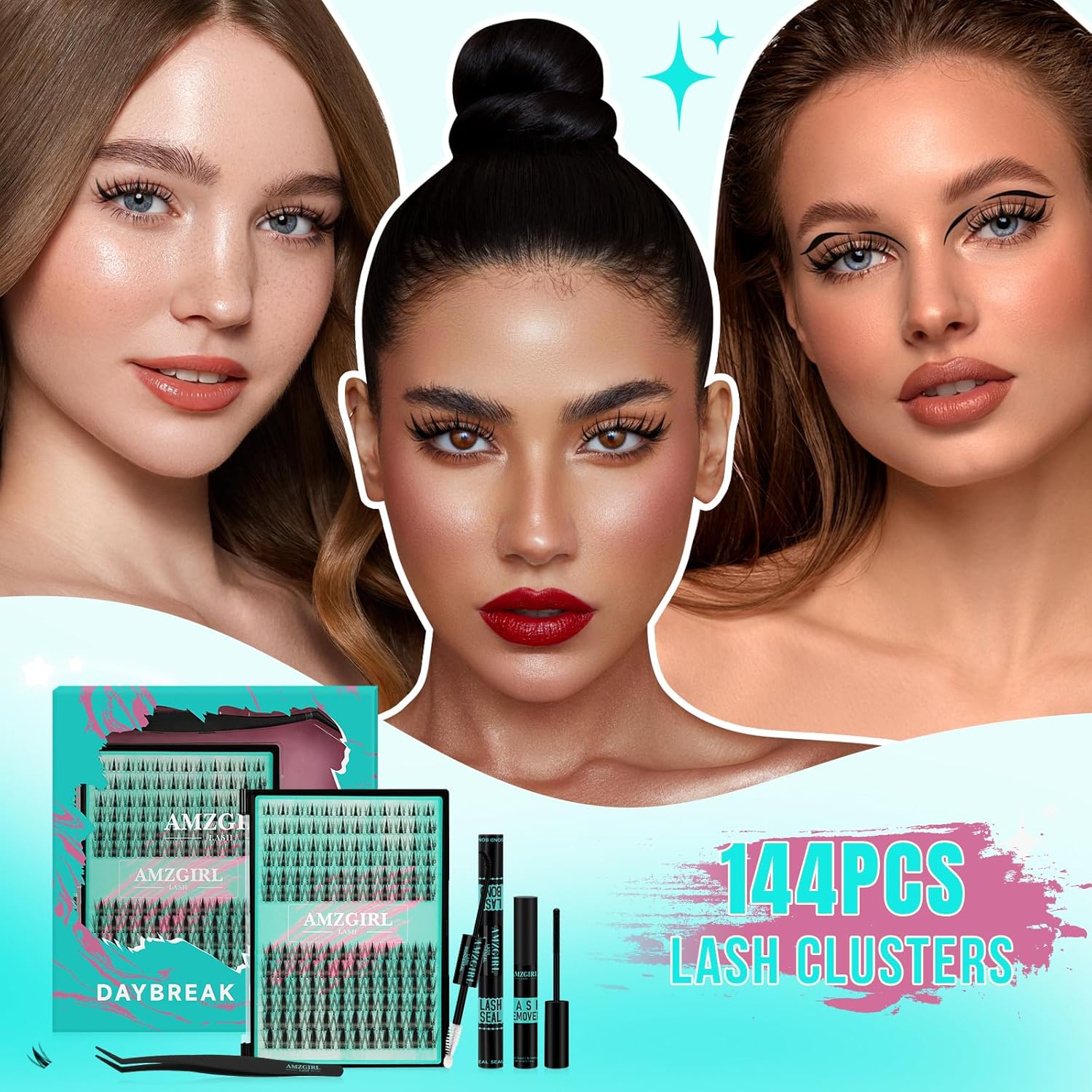 【Buy One Get One Free】AMZGIRL LASH DIY Lash Extensions Kit 144pcs Midnight Waterproof Eyelashes Makeup Cosmetic Set with Bond Seal Remover Applicator