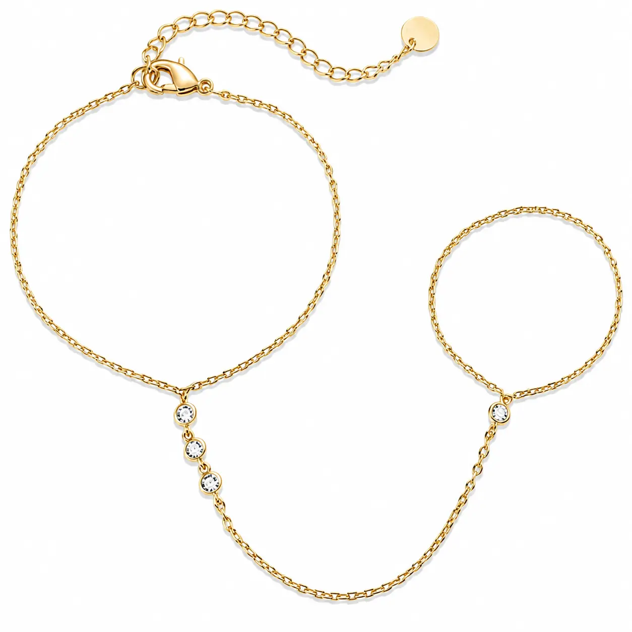 16K Gold Plated Hand Chains for Women - Dainty Cubic Zirconia Bracelet and Ring Handchain Jewelry - Lightweight Trendy Hand Chain Bracelet - Jewelry for Women, Womens Accessories, Womens Gifts, Gifts for Women(6.3in/1.97in)