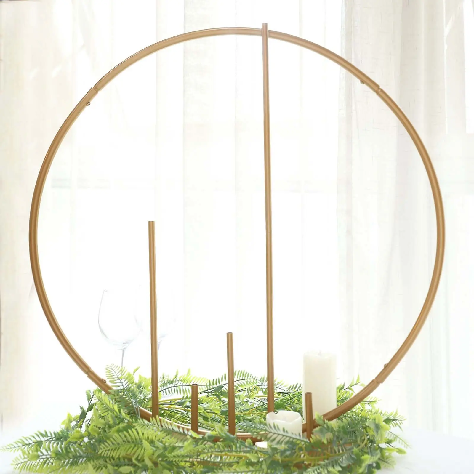 24" Gold Metal Floral Hoop Round Decoration - Self-Standing Wedding Table Centerpiece with Pillars, Festive Table Decor for Birthday, Baby Shower, Balloon Arch Frame