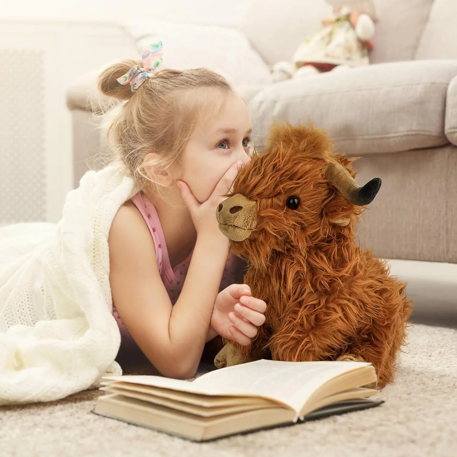rivoeis 10.5 inches Highland Cows Stuffed Animals, Cute Fluffy Cow Plush Figure Toys Realistic Highland Cattle Plush Decor for Kids Baby Girls Boys