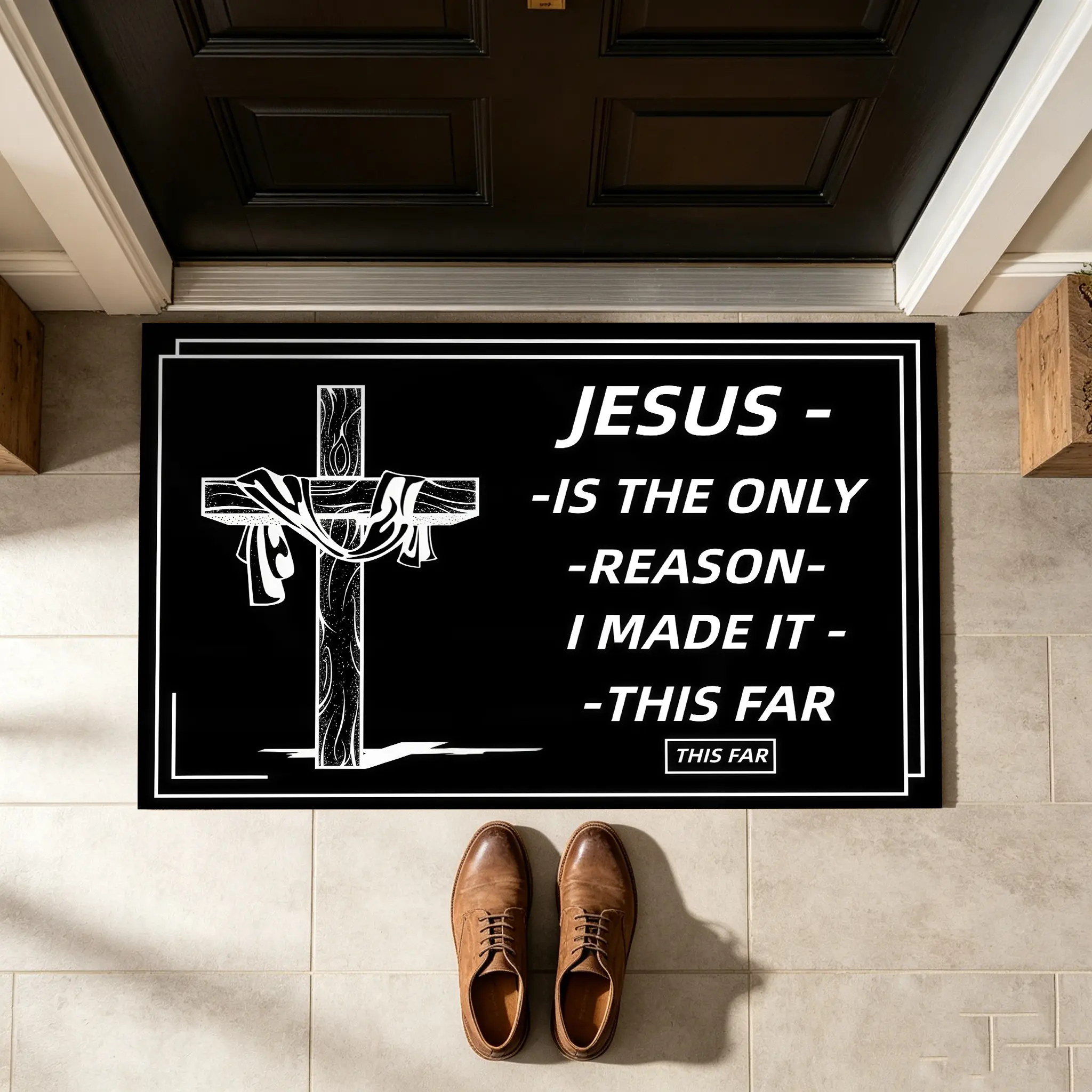 Christian Jesus Non-Slip Door Mat - Black White Cross Design, Anti-Shrink, Durable, Lightweight, Machine Washable Religious Rug for Front Door, Porch - Faith Home Decor, Inspirational Gift for Believers, Rustic, Non-Woven Fabric