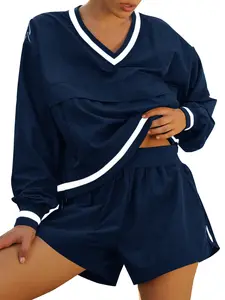Fisoew Womens 2 Piece Outfits Long Sleeve V Neck Sweatshirt High Waist Running Shorts Sets Loose Fall Workout Tracksuits Outdoor Sports Fabrics Athleisure Set Outfit SpringStatements