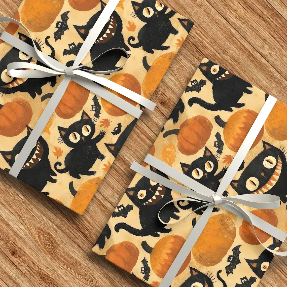 Black Cat Halloween Wrapping Paper, Grinning Cat Pumpkin Gift Wrap, Folk Art Spooky Bats Paper, Orange Whimsical Fall Wrap