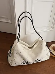 Dot Embroidery Letter PU Patchwork Tote Bag, Large Capacity Shoulder Handbag, Versatile Commute Casual Student Backpack