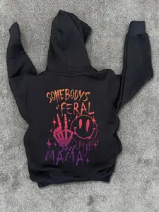 Women's Fall Winter Hooded Sweatshirt, High Street Fashion, Casual Loose-Fitting, Skull Smiley Letter Print, Drawstring Pockets, Casual Cozy Sweatshirt