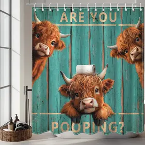 Vintage Funny Highland Cow Shower Curtain with Hooks, Retro Farmhouse Green Plank Door Bath Curtain for Farmhouse Highland Cow Bathroom Decor Waterproof Fabric