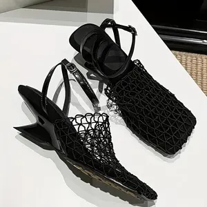 2025 Fashionable Roman High Heels with Braided Hollow One-Word Strap Thick and Medium Heel Sandals Fishnet Shoes Women Girl Footwear Summer Makapal Rubber Buckle Multicolor platform heels Flatform red bottom heels Apricot kitten heels red bottom heels