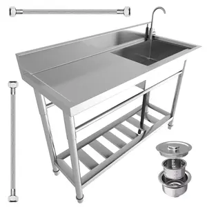 Freestanding outdoor multi-functional sink, mobile stainless steel single bowl hand wash station. Equipped with hot & cold water pipes, worktop and storage shelves. Heavy-duty & easy to clean, ideal for laundry rooms, garages and kitchens.