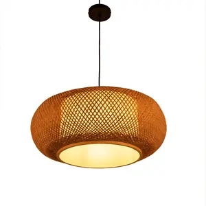 YIYIBYUS 1-Light Vintage Rattan Lantern Pendant Light with Hand-Woven Bamboo Shade, 23.6in