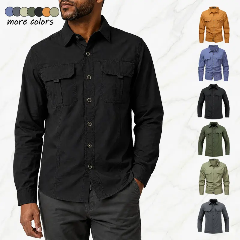 Men's Outdoor Quick-Dry Long Sleeve Shirt Breathable workwear shirt with multiple pockets. Outdoor scratch-resistant, waterproof lightweight shirt. Suitable for fishing. Travel. Cycling and other types of outdoor activities