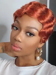 Pixie Cut Burgundy Short Finger Wave Curly Wig Machine Made Human Hair Wigs for Women