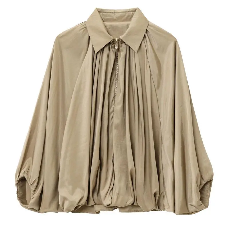 Women's Pleated Bomber Jacket - Casual Oversized Lapel Shirt Coat with Batwing Long Puff Sleeves, Chic Zip-Up All Seasons Sports Outerwear, Skin Friendly Super Comfy Lightweight Machine Washable Streetwear for Everyday Wear, Party (No Jeans/Tee Included),