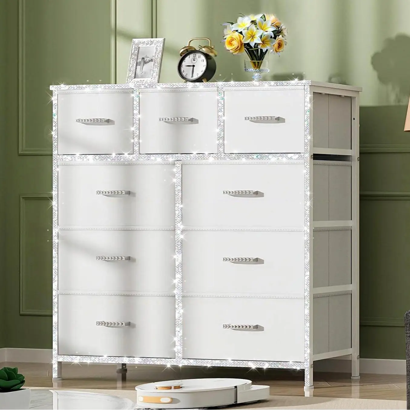 9 White Drawers (diamond Strips+Crystal Handles)