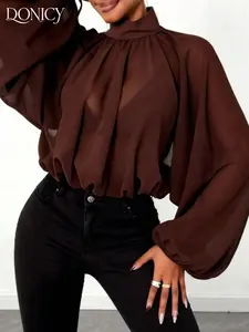 Women's Elegant High Neck Lantern Sleeve Shirt, Summer Vacation & Casual Wear, Pure Color Ladies' Outerwear Top