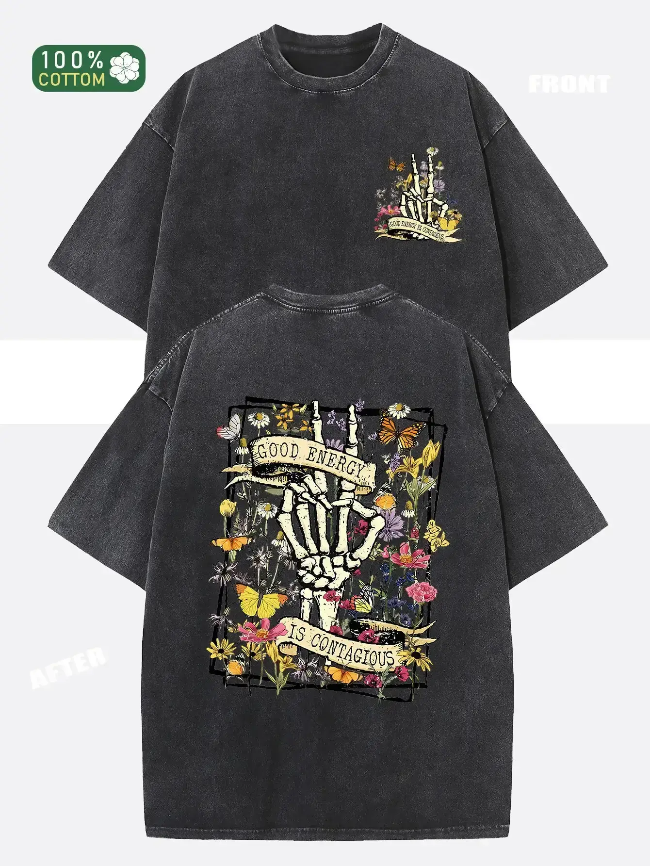 Men's  Cotton Vintage Washed Oversized T-Shirt - 90s Street Style, Grey, Double-Sided Art Print, Distressed, Soft Fabric, Casual Loose Cut, Day Wear, Short-Sleeve Menswear Top for All Seasons Breathable Floral