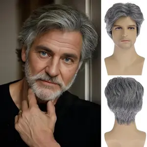 Gray Side Part Short Wig for Middle-aged and Elderly Men Fashionable Fluffy Natural Synthetic Wig V Part Wig