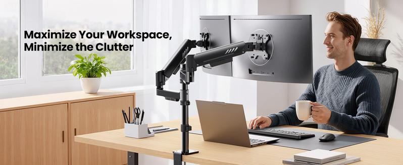 HUANUO Supports 13-32″ screens, up to 19.8 lbs per arm. Features built-in C-clamp, enhanced stability, and upgraded cable management. VESA 75x75mm/100x100mm compatible. Black finish.