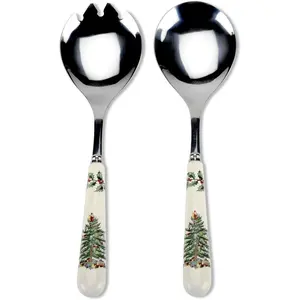 Spode Christmas Tree Salad Server Set (2-) - 10 Inch Stainless Steel with Porcelain Handles, Festive Flatware for Holiday Dining - Dishwasher Safe, Seasonal Entertaining & -Giving