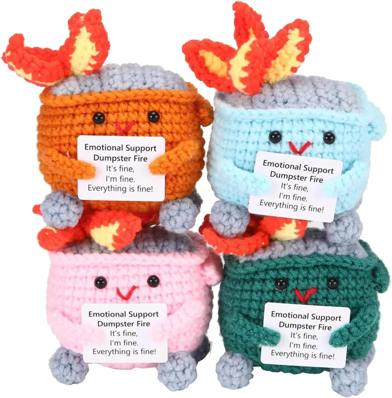 Emotional Support Crochet Dumpster Fire with Positive Card Cute Room Decor Knitted Toys Funny Crochet Support Buddies Gifts for Friends (Green&Blue&Pink&Orange) Gift