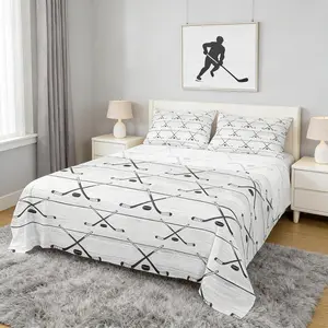 Hockey Sheet Setsports Gaming Theme Bedding Set for Kids Boys Girls Room Decor,Grey Wooden Plank Bed Sheet Set with Fitted Sheet + Flat Sheet